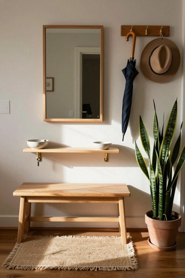 Apartment entryway with oak bench on seagrass rug, floating wooden shelves holding white bowls and keys, oak-framed mirror on white wall, hooks with navy umbrella and beige hat, tall snake plant in terracotta pot, hardwood floor.