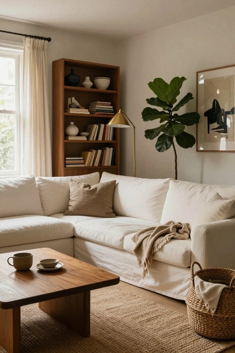 A sunlit living room corner with a white slipcovered L-shaped sofa, wooden coffee table holding cups, tall fiddle leaf fig plant, wooden bookshelves filled with books and ceramics, and beige rug.