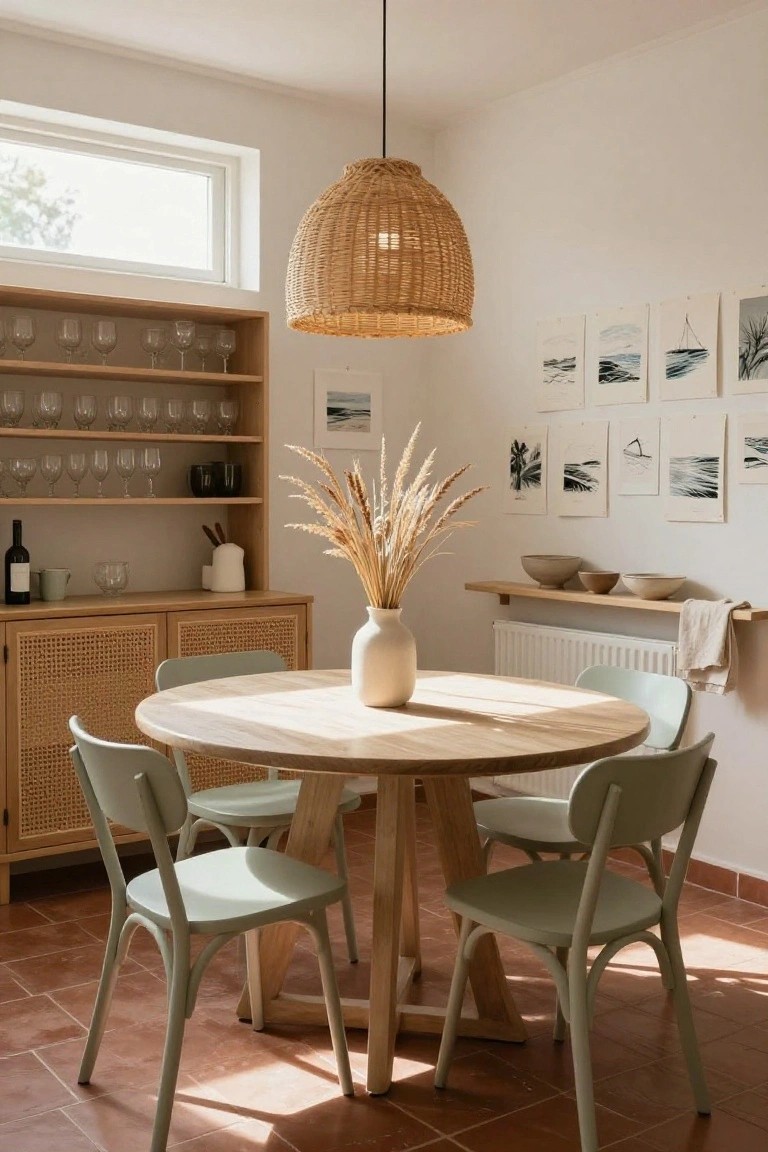 Modern dining area with a round wooden table, pastel chairs, and botanical decor.