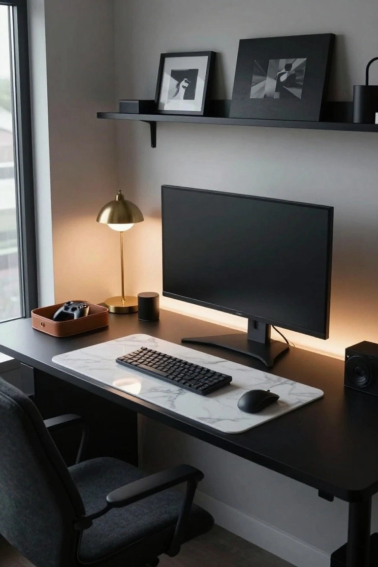 A modern home office desk setup with a matte black desk surface covered by a large white marble-patterned mouse pad, white mechanical keyboard, black mouse, black monitor with bottom RGB lighting, gold arc lamp, controller tray, and black speakers.