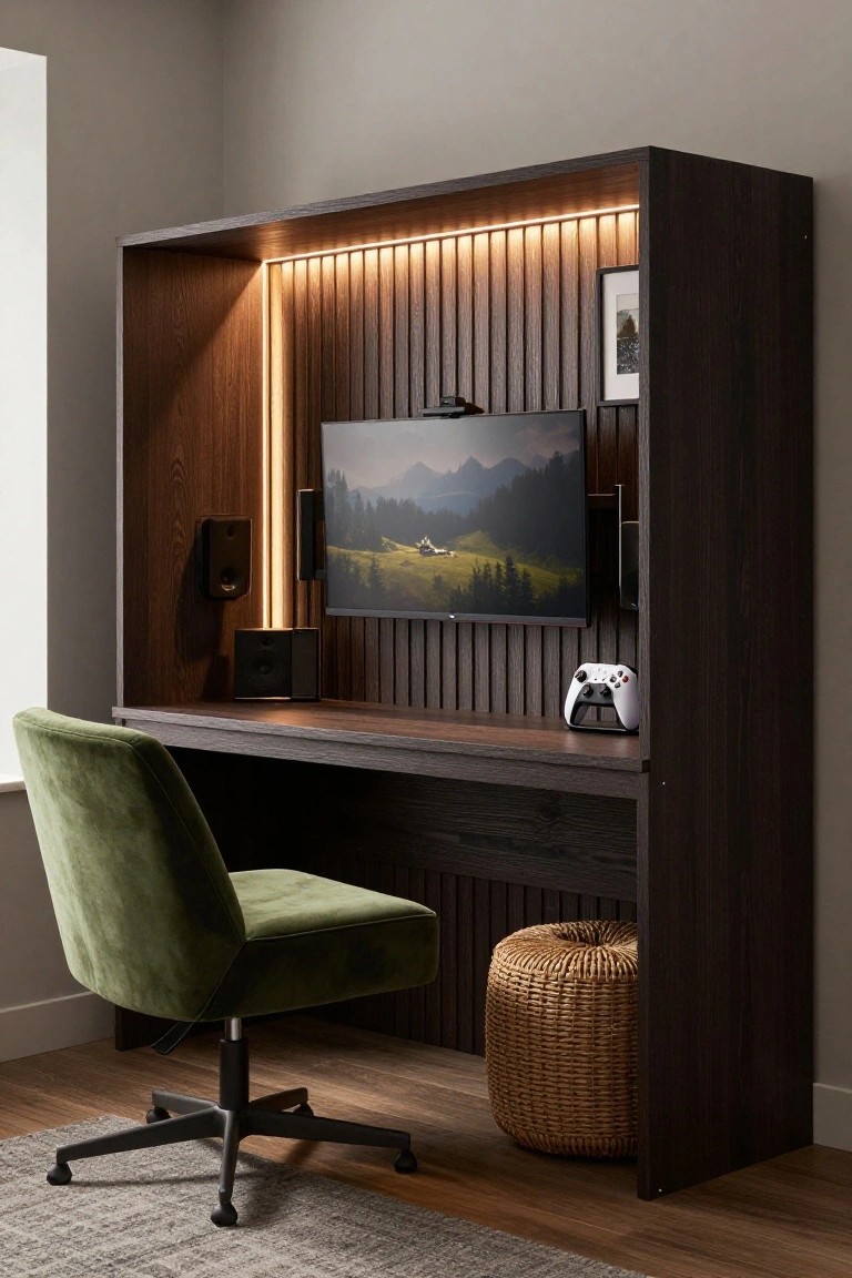 Wooden built-in desk enclosure with slatted panels and LED strip lighting above a large monitor showing a mountain landscape, flanked by speakers and an Xbox controller, green velvet swivel chair, and woven pouf stool in a light gray room corner.