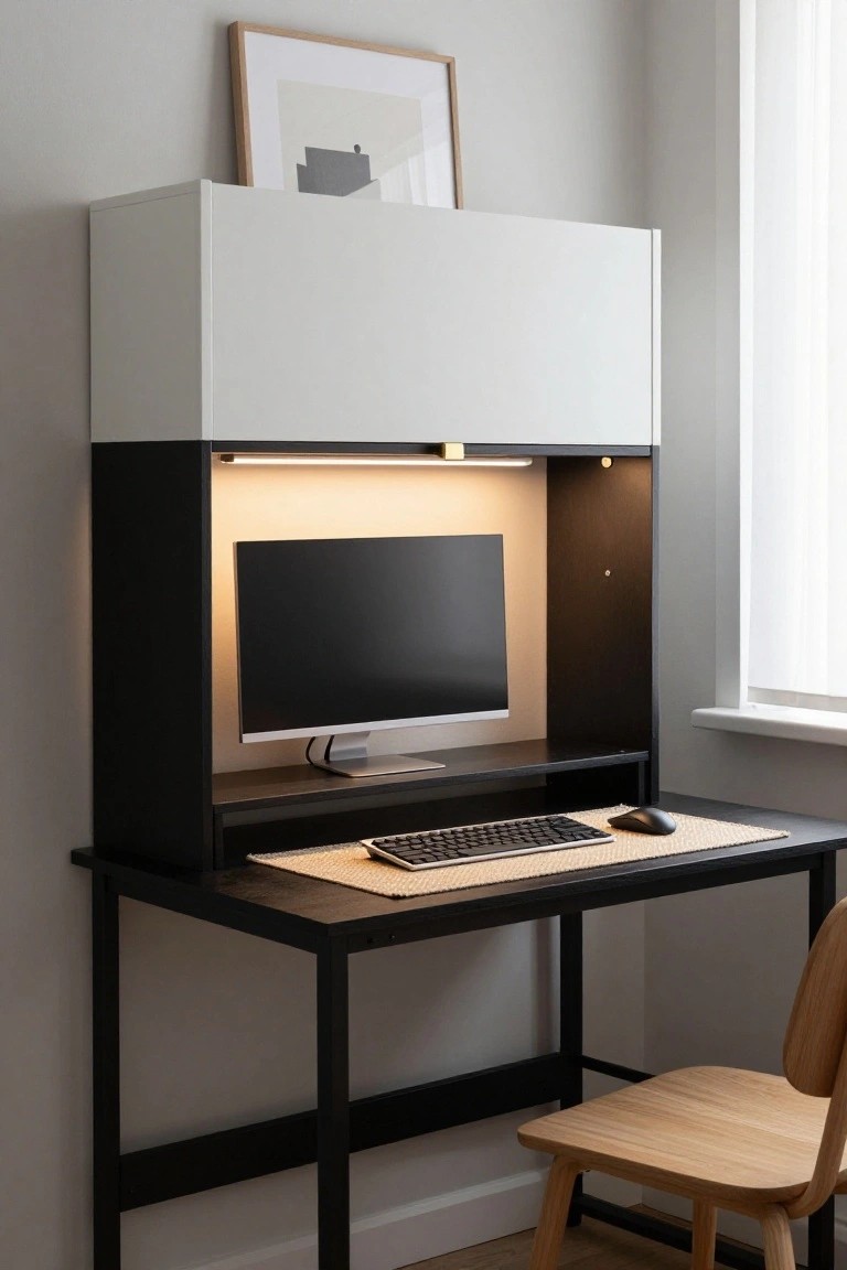 Modern black metal desk with tall white and black hutch holding a black monitor, silver stand, black keyboard, black mouse on woven mat, LED light strip above, wooden chair beside, in light gray room with window.