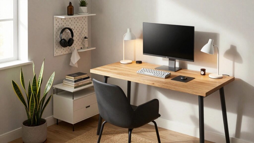 25 Lovely Gamer Desk Ideas For A Put Together Look Light wood desk setup with elevated flat monitor on black stand, white mechanical keyboard on tray below, snake plant in gray pot, white lamp, books, gray mouse pad with black mouse, and black mesh office chair in a room with gray walls and beige curtains.