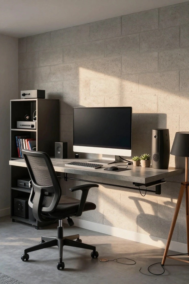 Modern home office with floating gray concrete desk, iMac monitor, black mesh office chair, integrated speakers and bookshelf, against light gray concrete block wall.