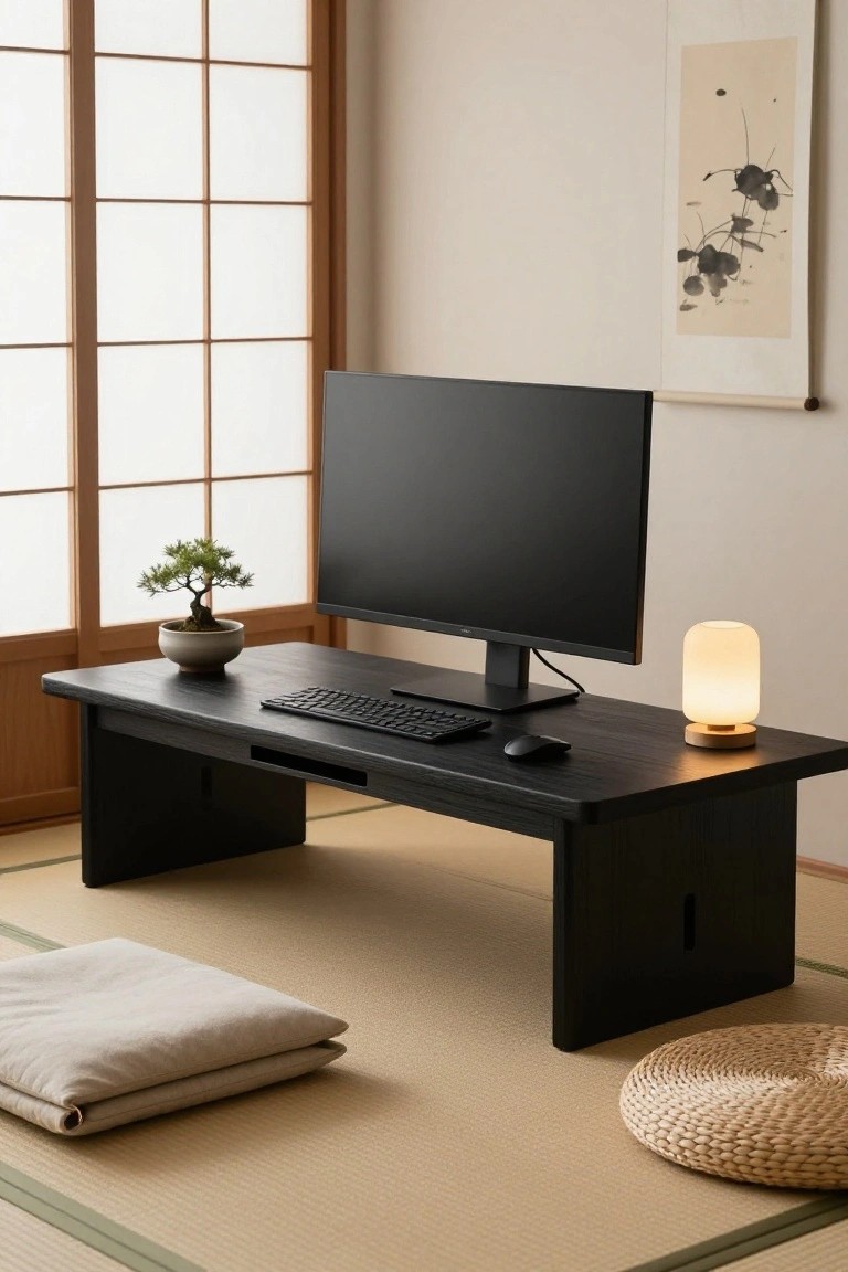 Low black wooden desk with monitor, keyboard, mouse, bonsai plant in ceramic pot, and bedside lamp on tatami mat floor in Japanese-style room with shoji screens and zabuton cushion.