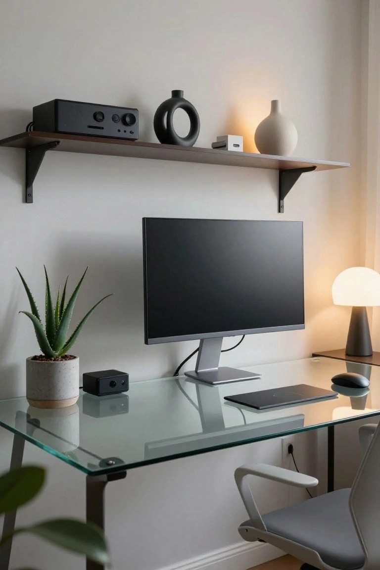 Clear glass desk with black monitor on metal stand, wireless keyboard and mouse, potted aloe vera plant, small black cube devices, and wooden floating shelf holding black audio amplifier and ceramic vases, beside gray office chair in white-walled room.