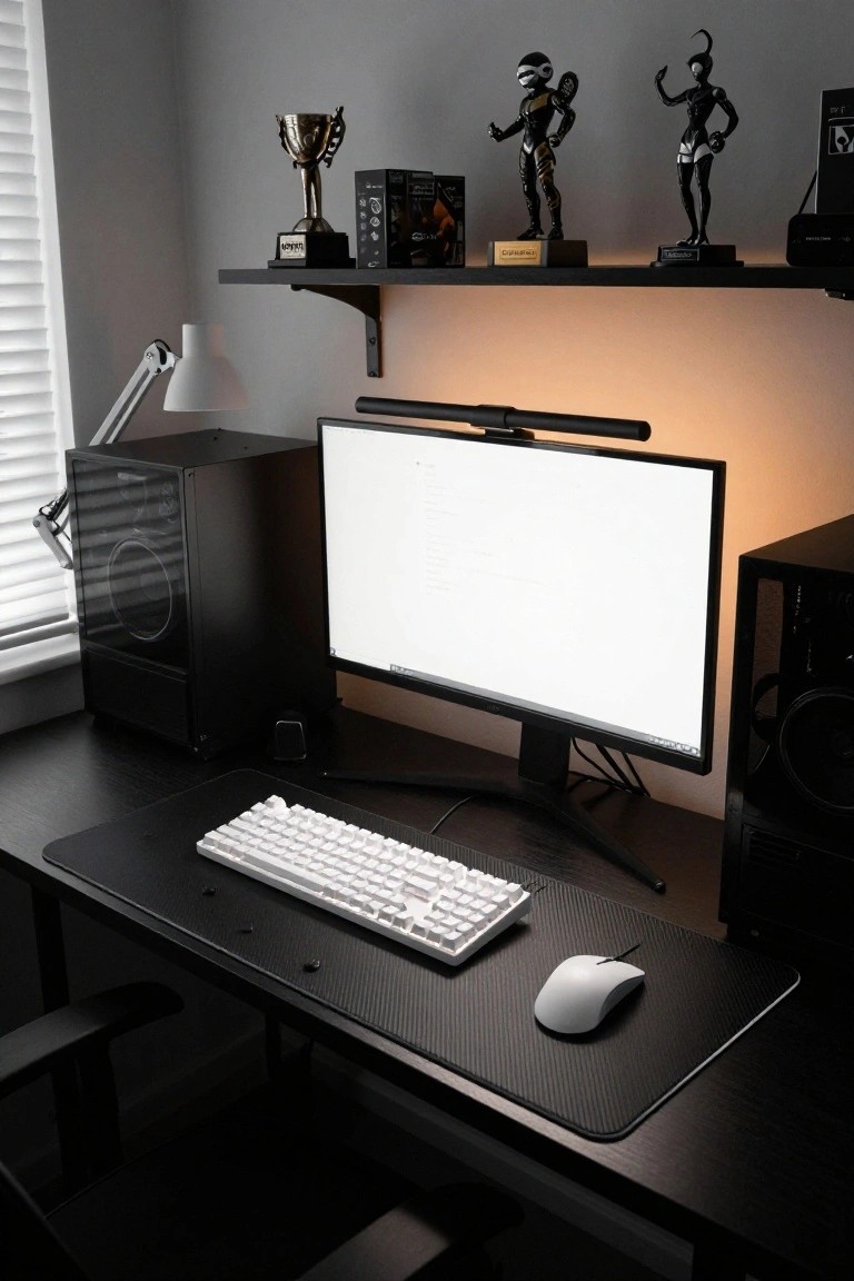 Gaming desk setup on a black surface with white mechanical keyboard and mouse on a carbon fiber mouse pad, large blank monitor with LED light bar underneath, two black PC towers on sides, and floating shelf above displaying trophies and black figurines in a dimly lit room.