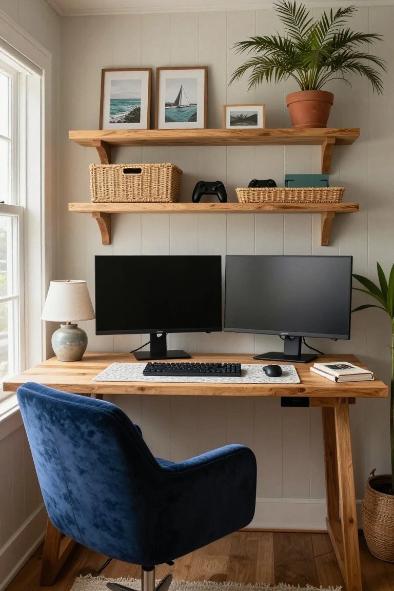 Corner home office with wooden desk holding dual black monitors, mechanical keyboard, mouse, lamp, and book, blue velvet chair, wall-mounted wooden shelves with wicker baskets, PlayStation controller, potted plants, and framed coastal photos against light shiplap walls.