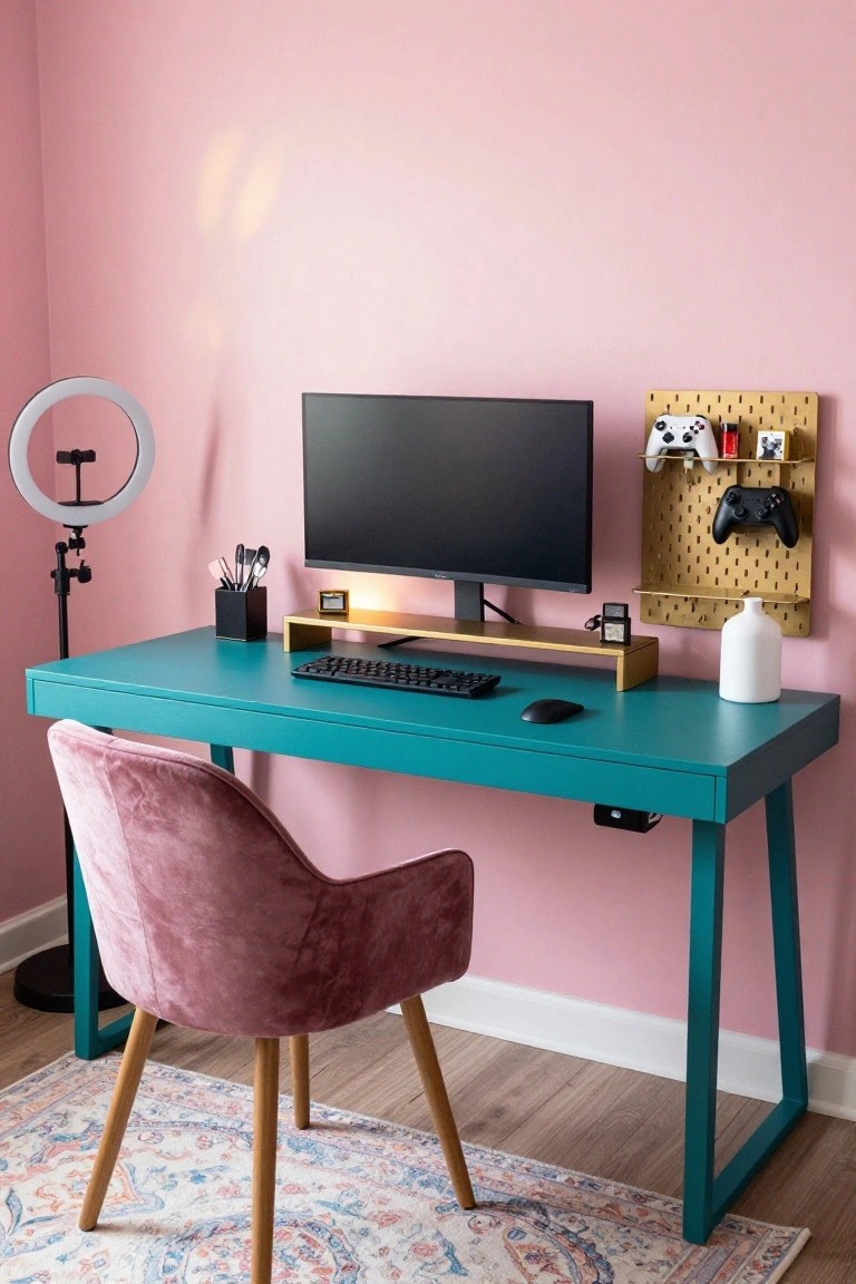 Gaming desk in a pink-walled room with teal tabletop, pink velvet chair, black monitor on gold stand, keyboard, mouse, ring light stand, pen holder, and gold pegboard wall holding white Xbox controllers, black controller, red bottle, and small photos.