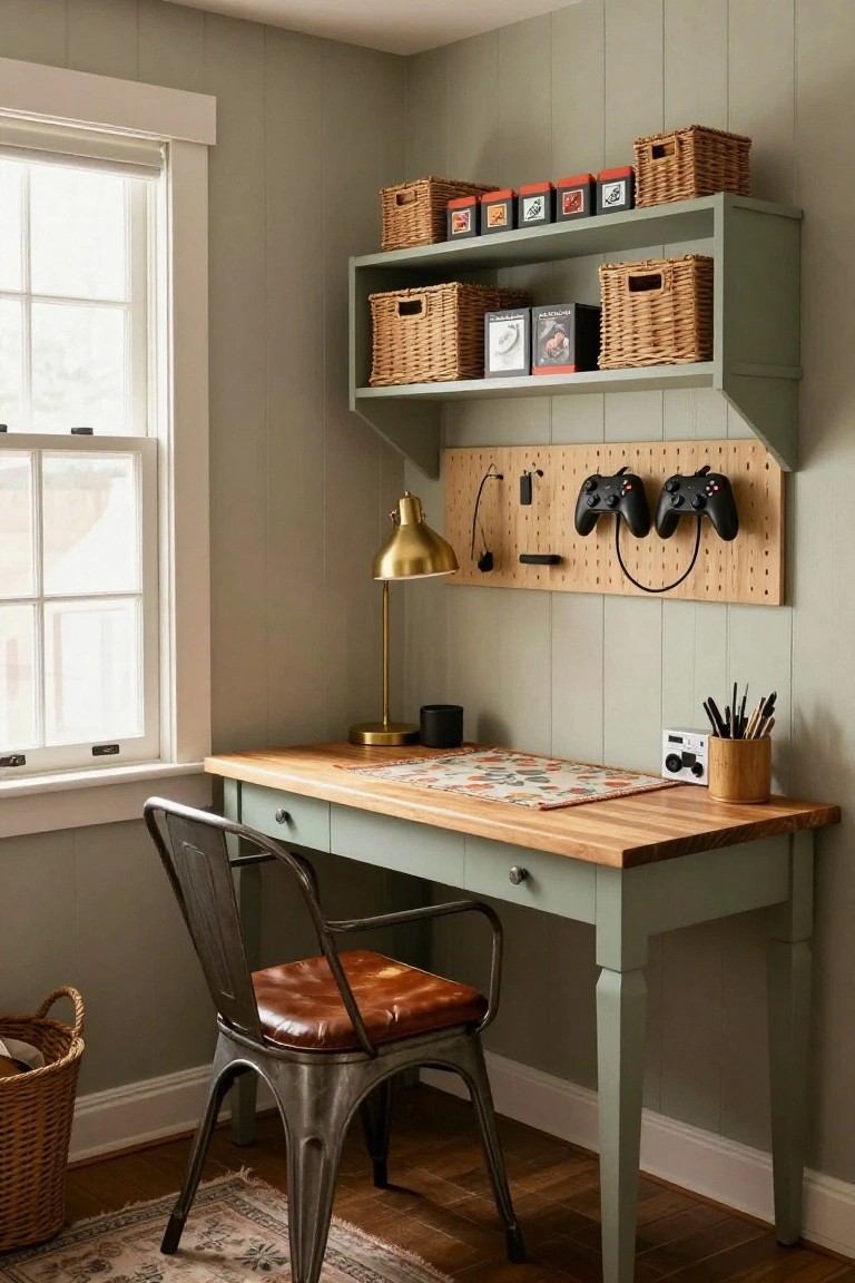 Sage green shiplap-walled room featuring a wooden desk with drawers, black metal chair with leather seat, gold desk lamp, pegboard wall holding two black gaming controllers and accessories, floating shelves with wicker baskets, and window with blinds.