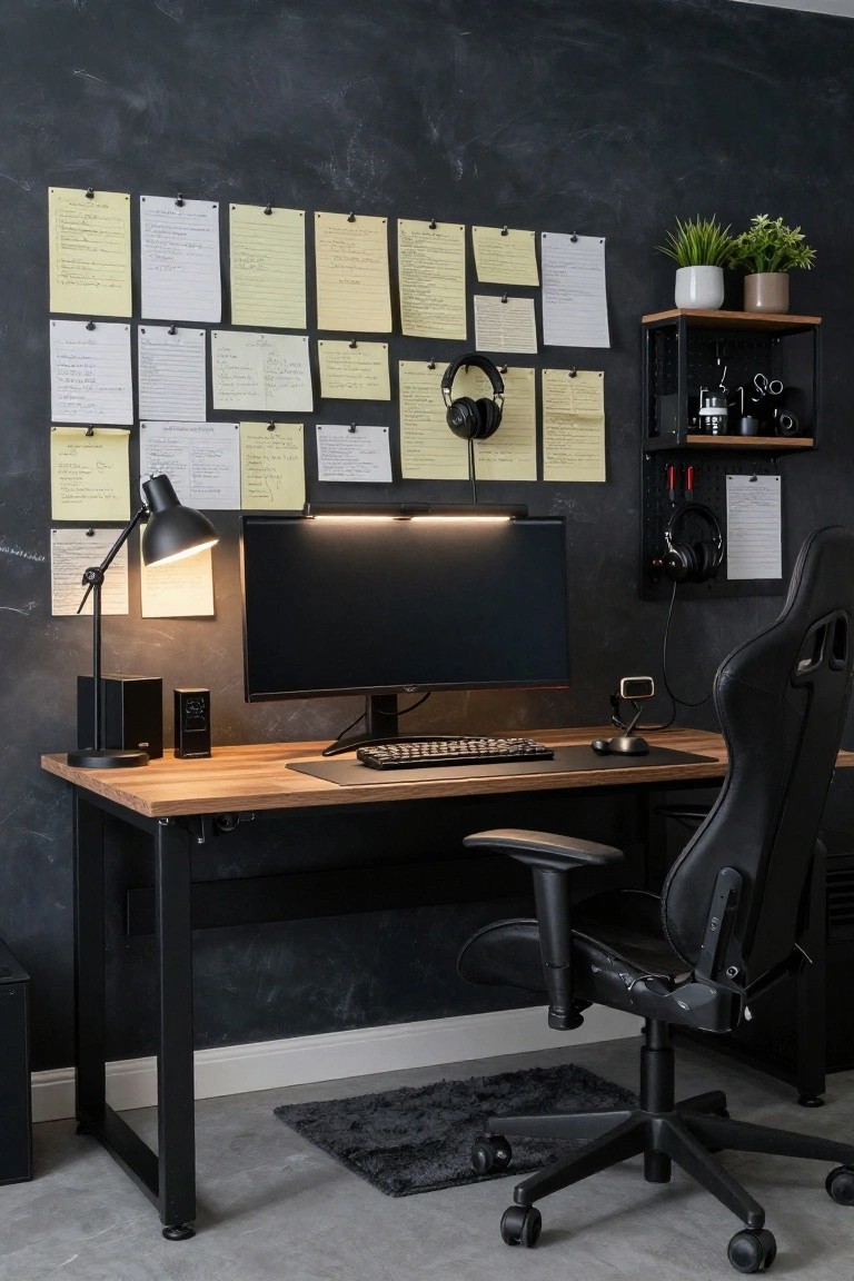 Gaming desk setup in a dark-walled room with wooden desk top, black ergonomic chair, large black monitor, desk lamp, speakers, and many pinned yellow note papers on the textured wall above, plus wall shelves with plants and headphones.