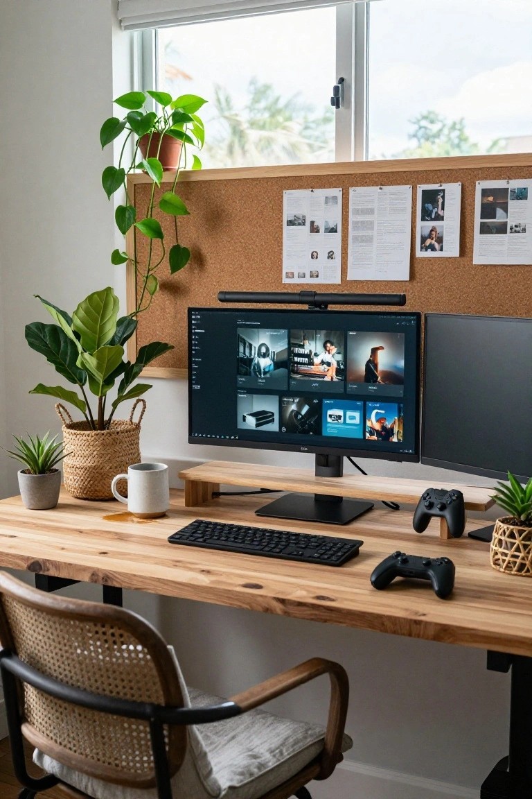 Wooden desk with dual computer monitors displaying software, black keyboard, white coffee mug, DualSense controllers, and multiple potted plants including fiddle leaf fig and pothos, corkboard wall, and rattan chair in a bright room with window.