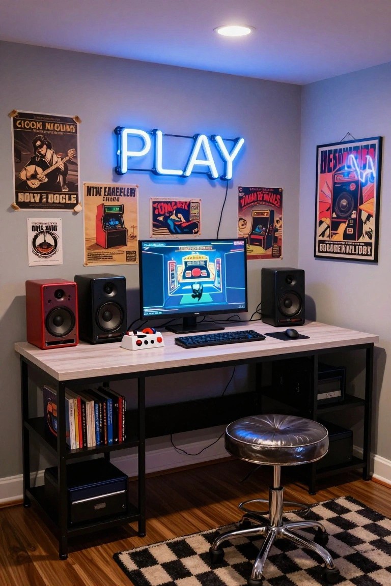 Gamer desk setup on a light wood table with keyboard, mouse, white controller dock, black tower PC, dual monitors displaying a neon arcade-style game, red and black speakers on sides, under gray wall with neon blue