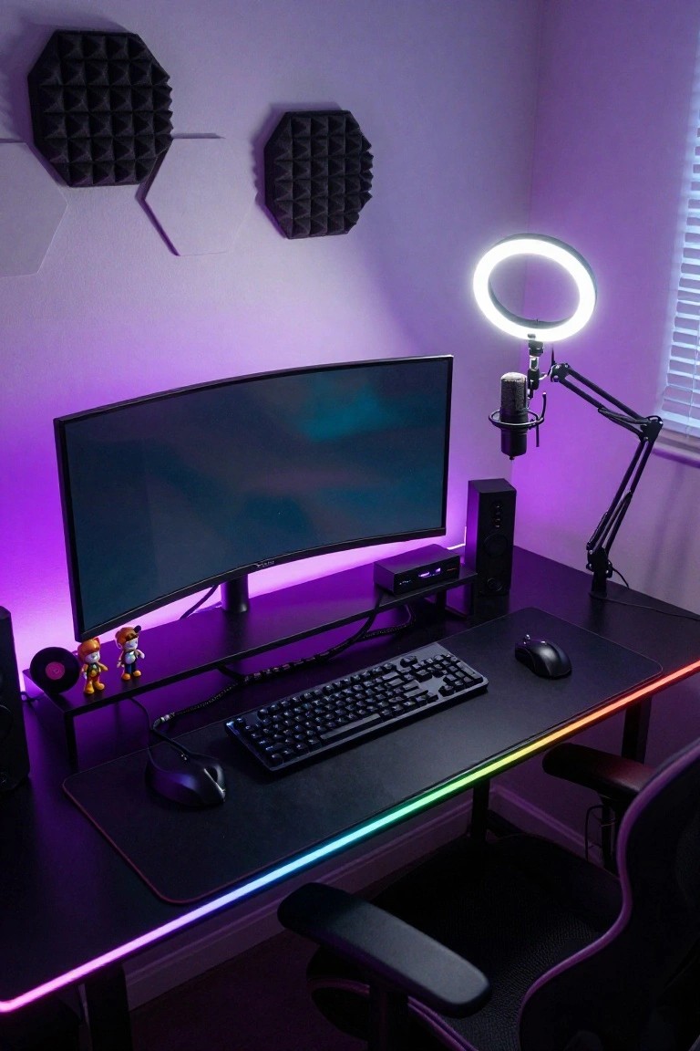 Gaming desk setup with curved monitor, mechanical keyboard, mouse, microphone arm, speakers, Funko Pop figures, and purple RGB lighting glowing along the desk edges in a room with acoustic panels on the walls.
