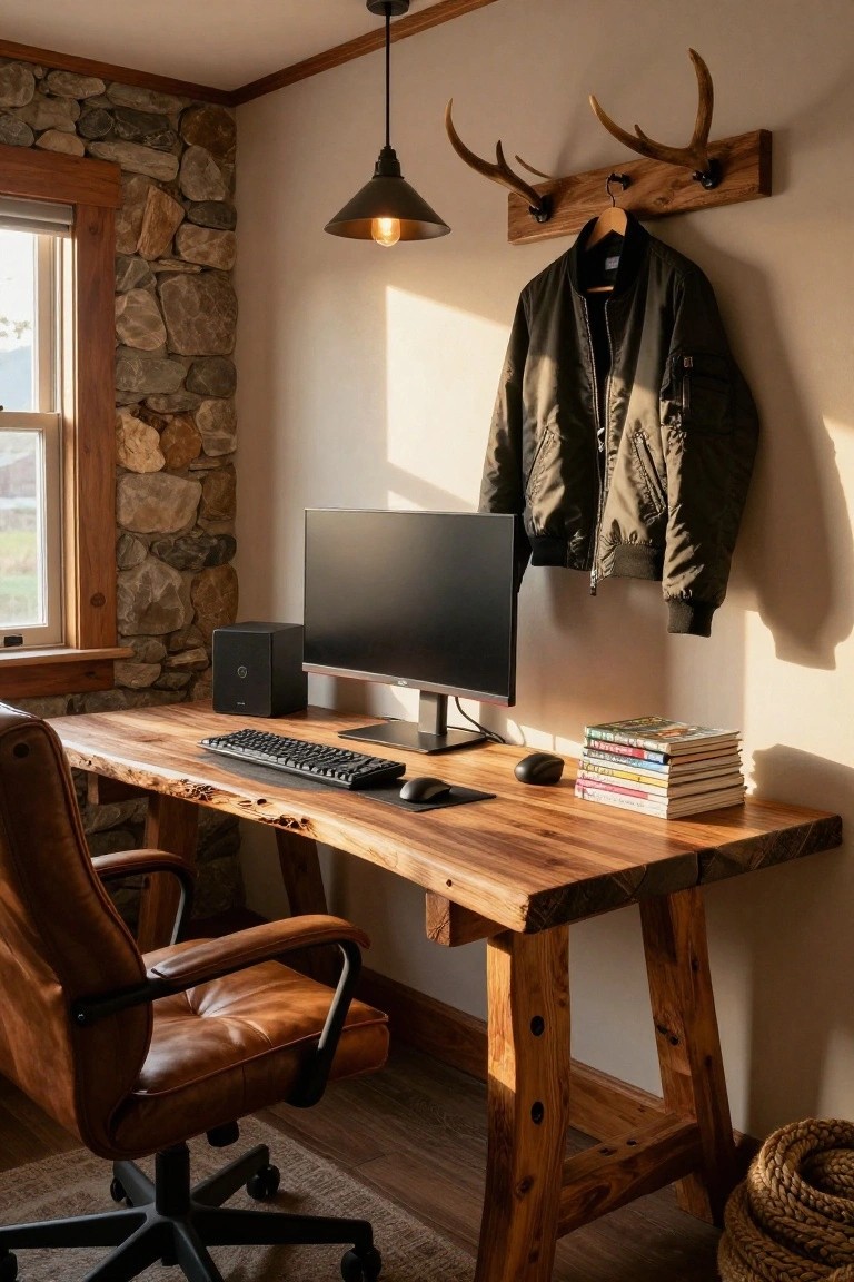 Rustic interior room with stone walls and wooden trim featuring a live-edge wood desk holding an ultrawide monitor, keyboard, mouse, speaker, and books, a leather desk chair, hanging black bomber jacket on antler hooks, pendant light, and window view.