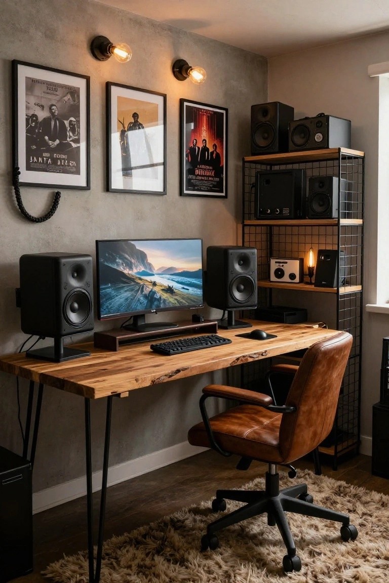Gaming desk with live-edge wooden top on black hairpin legs, ultrawide monitor, studio speakers, mechanical keyboard, leather office chair, posters on walls, and metal shelving in a modern interior room.