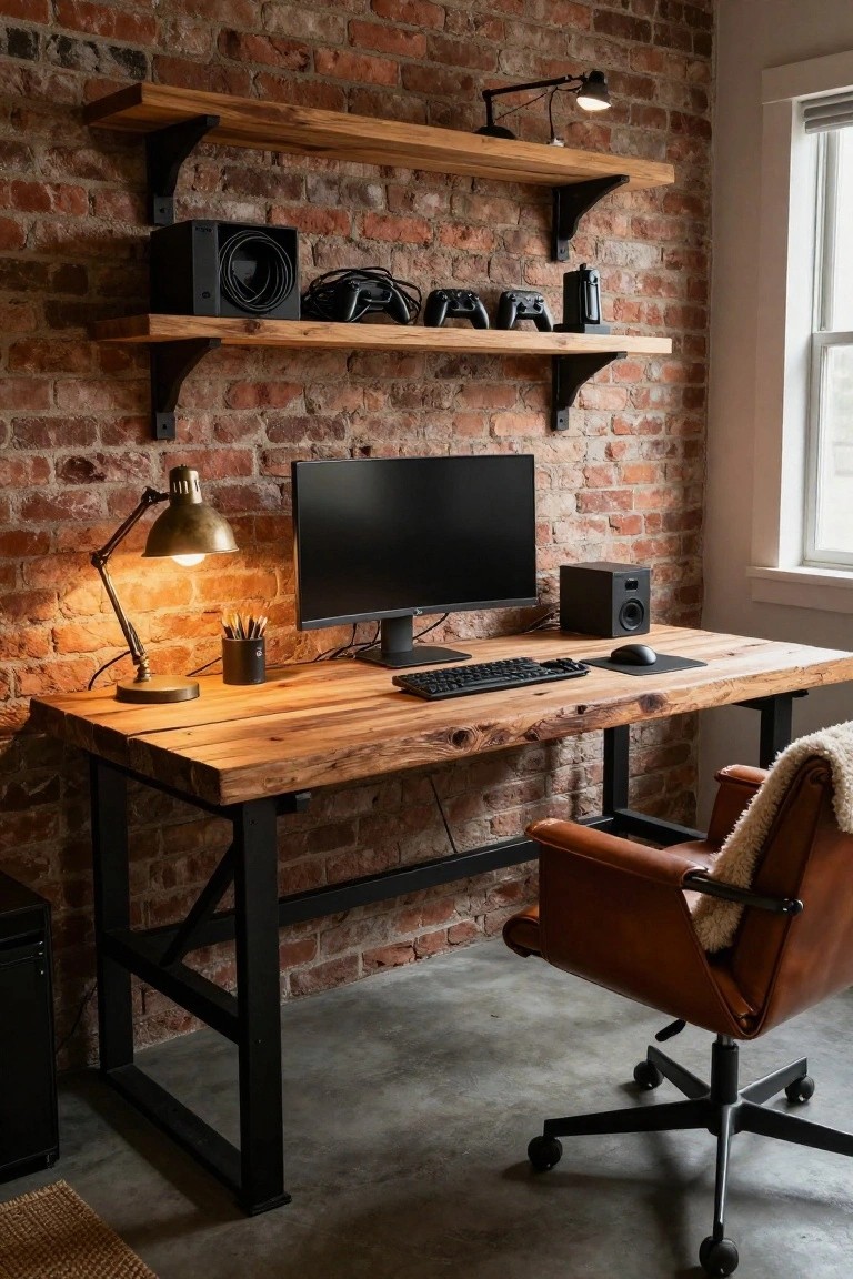 Gaming desk with rustic wooden top on black metal legs against exposed brick wall, wooden shelves holding speakers, controllers, and console, brass desk lamp, leather chair, and black monitor.