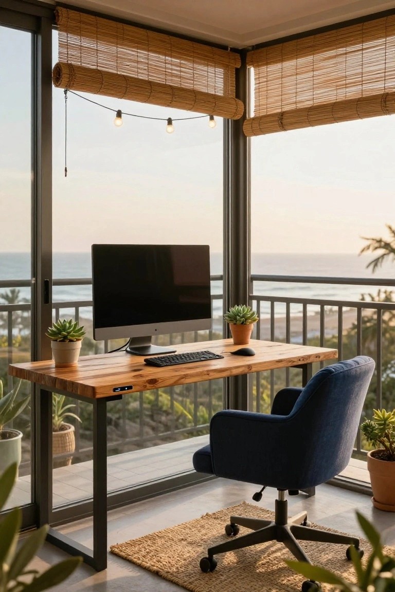 Wooden standing desk with monitor, keyboard, and mouse in a bright indoor room featuring large glass doors to a balcony overlooking the ocean, potted plants, bamboo blinds, and a blue upholstered chair.