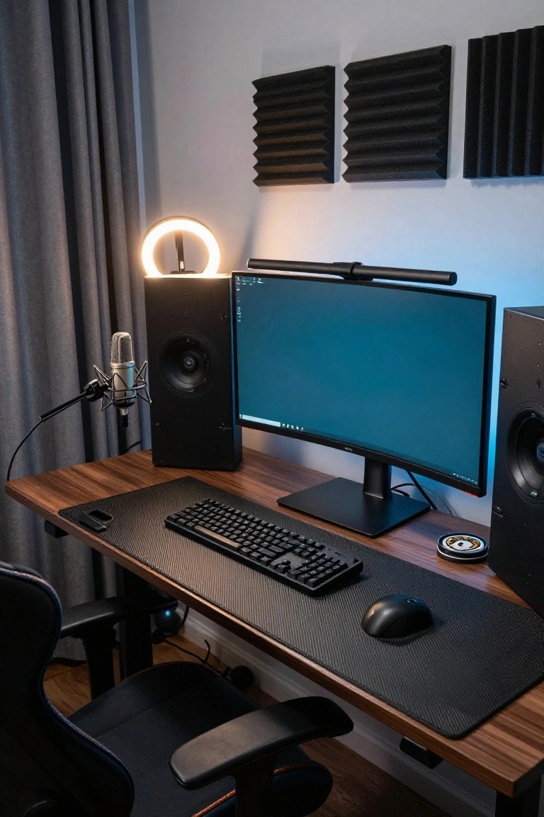 A gamer desk setup in a room with gray curtains and white walls featuring black acoustic foam panels, an ultrawide blue-tinted monitor on a black stand with a bar light, a wooden desk top with black desk mat, mechanical keyboard, black mouse, boom microphone, two black studio speakers, ring light stand, and black gaming chair.