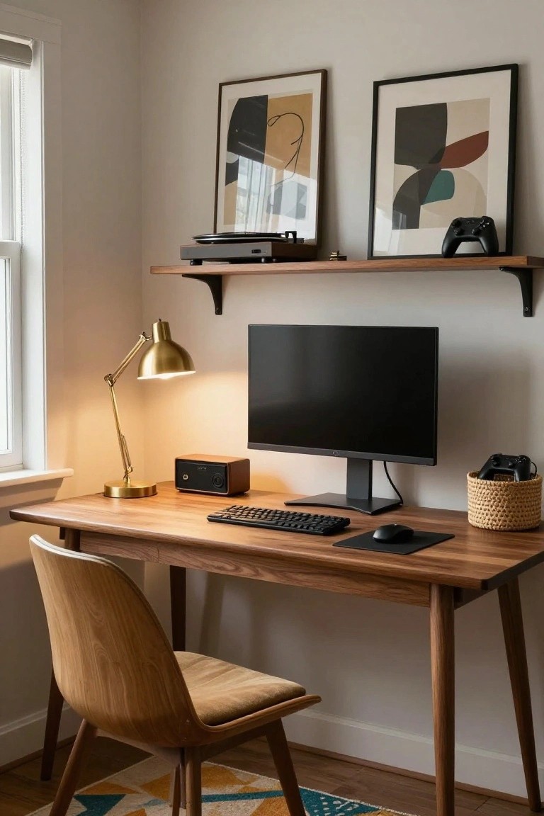 Corner room with wooden desk holding black monitor, mechanical keyboard, mouse, and basket of controllers, gold adjustable lamp, wooden speaker nearby, shelves above displaying turntable, Nintendo Switch controller, Xbox controller, and abstract artworks.