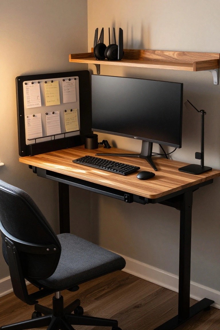 Corner view of a standing desk with light wood butcher block top on black metal frame, featuring black monitor, mechanical keyboard, mouse, side magnetic organizer board with notes, floating wood shelf above holding headphones and router, and office chair.
