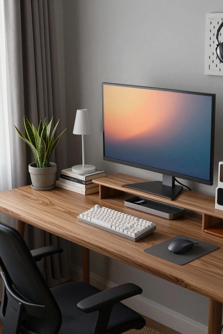 Light wood desk setup with elevated flat monitor on black stand, white mechanical keyboard on tray below, snake plant in gray pot, white lamp, books, gray mouse pad with black mouse, and black mesh office chair in a room with gray walls and beige curtains.