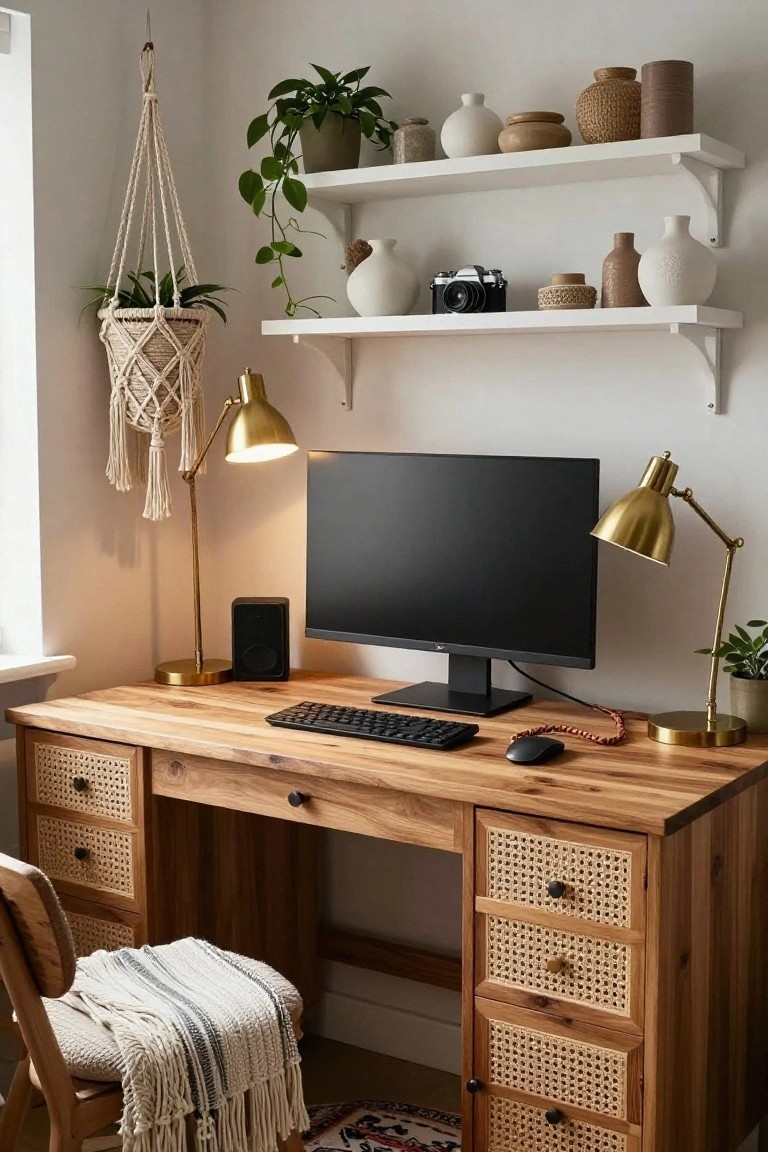 Wooden desk with rattan-fronted drawers holding a computer monitor, keyboard, mouse, and speakers in a room with plants, shelves, and gold lamps.