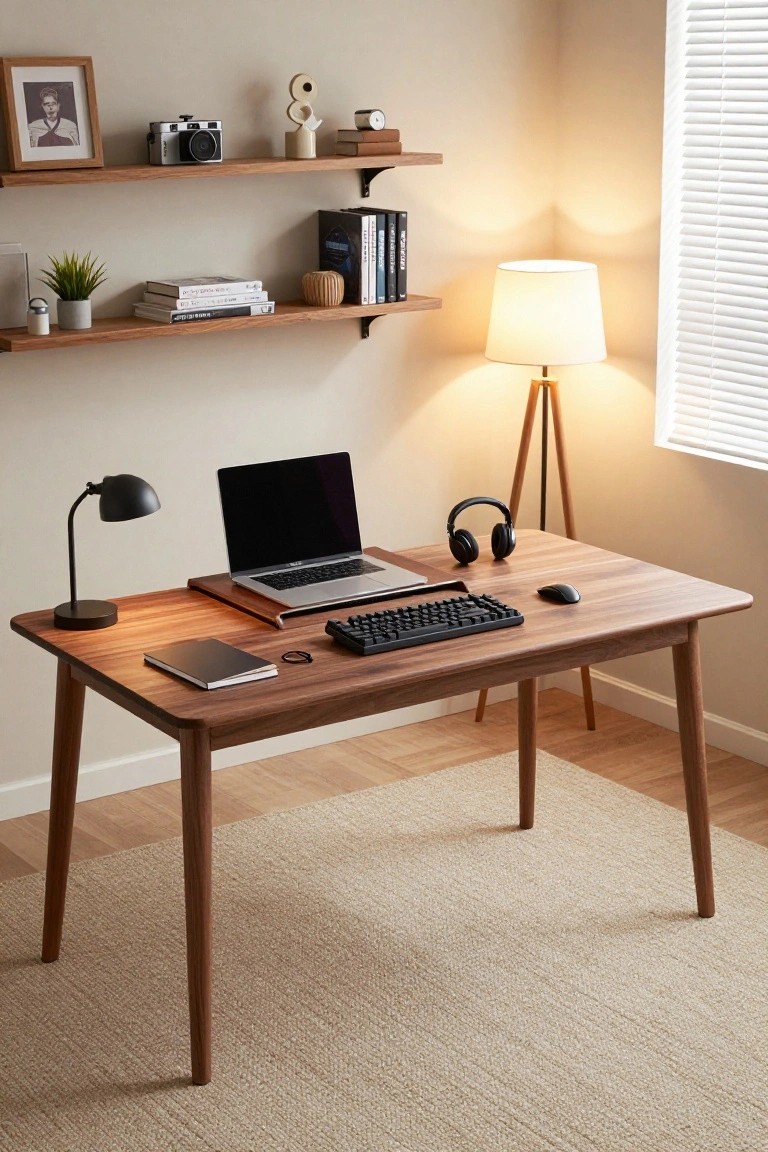 A wooden desk in a light beige room holding a laptop on a stand, black mechanical keyboard, mouse, over-ear headphones, desk lamp, notebook, and glasses, with wooden shelves above displaying books, plants, camera, and decor.