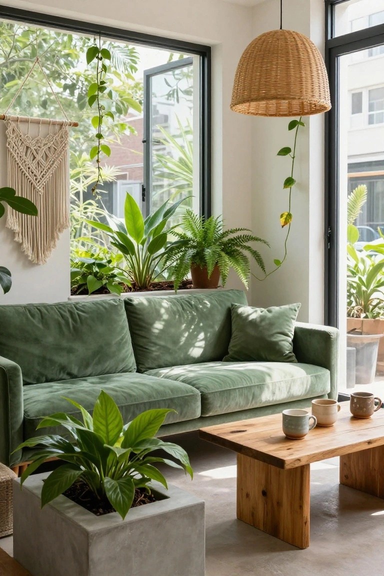 Modern apartment living room featuring a green velvet sofa, wooden coffee table with ceramic mugs, multiple potted plants including large leafy varieties and trailing vines, macrame wall hanging, rattan pendant light, and large windows opening to outdoor greenery.