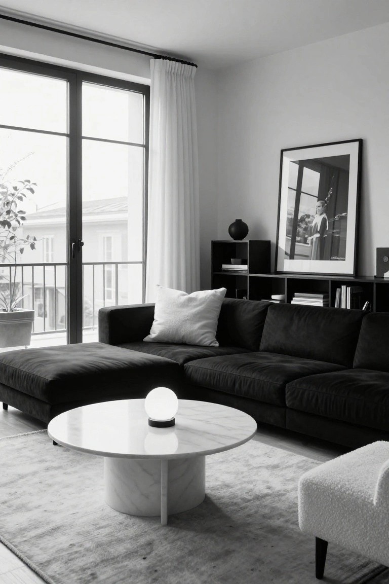 Modern living room featuring a black sectional sofa, marble coffee table, and large windows.