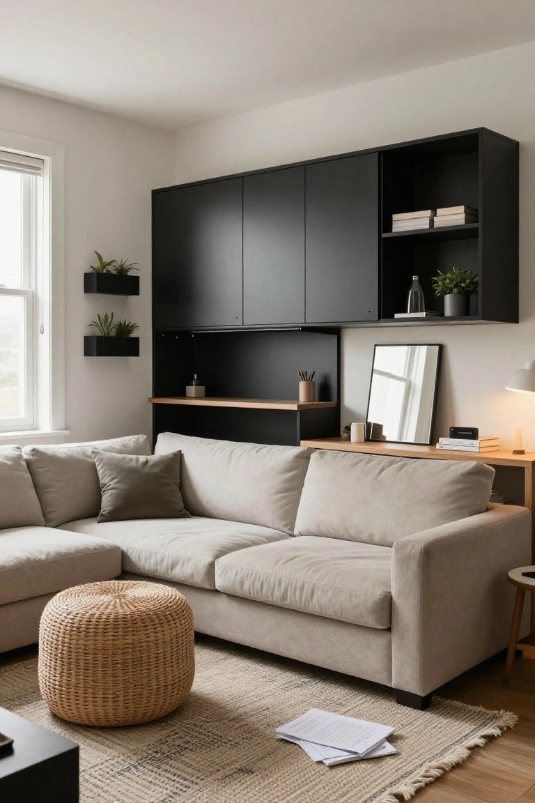 Modern apartment living room with tall black wall-mounted cabinet unit featuring closed doors, open shelves with books and plants, integrated desk shelf, mirror, light gray L-shaped sofa, rattan pouf, neutral rug, and hardwood floors.