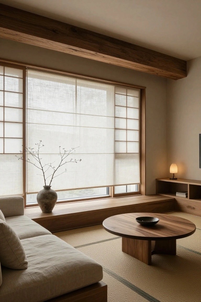 Minimalist Japanese-style living room featuring tatami mat flooring, low beige sofa, round wooden coffee table, built-in wooden window bench under shoji screens, potted branch, and small lamp on shelf.