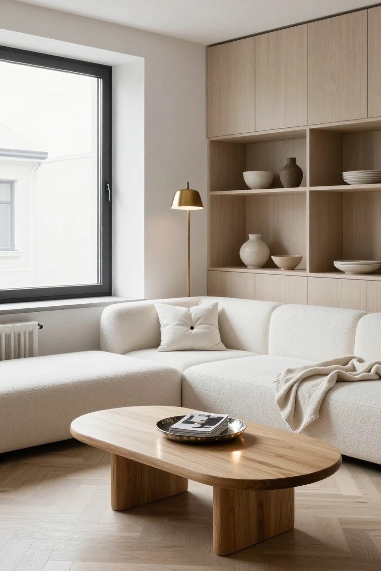 Modern apartment living room with creamy white L-shaped sofa, oval oak coffee table holding a tray and magazine, gold floor lamp, tall light wood cabinetry featuring open shelves with pottery and bowls, beside a large black-framed window on herringbone oak flooring.