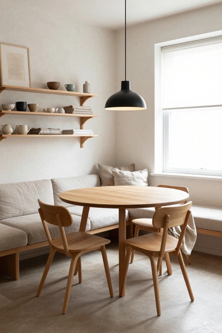 A minimalist indoor dining nook with a round oak table, two oak chairs, a beige linen bench seat along the corner wall, wooden shelves holding ceramics and books, a black pendant lamp overhead, and a large window with roller shade.