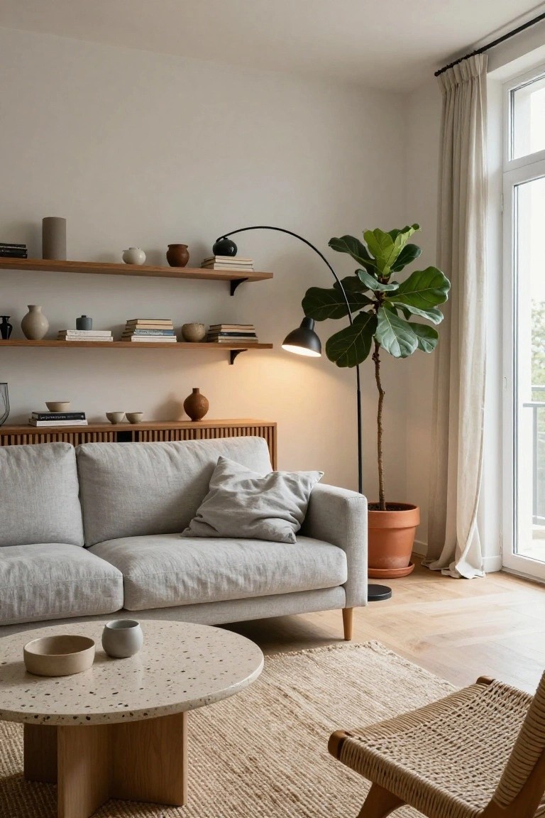 Apartment living room corner featuring a gray linen sofa, wooden floating shelves with ceramics, books, and vases, a tall fiddle leaf fig plant in a terracotta pot, black arc floor lamp, round terrazzo coffee table, and woven rattan chair on light wood floors by large windows with sheer curtains.