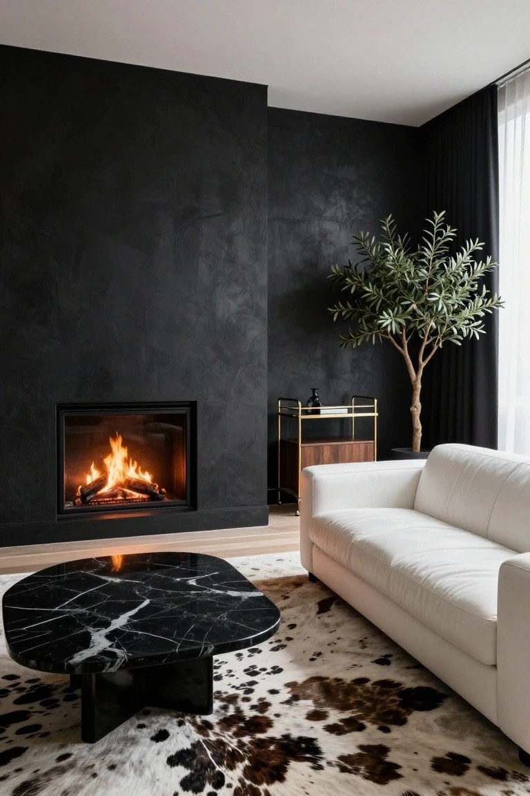 Modern living room corner with black textured walls and built-in fireplace, white sofa, black marble coffee table on cowhide rug, gold bar cart, potted olive tree, and sheer curtains on window.