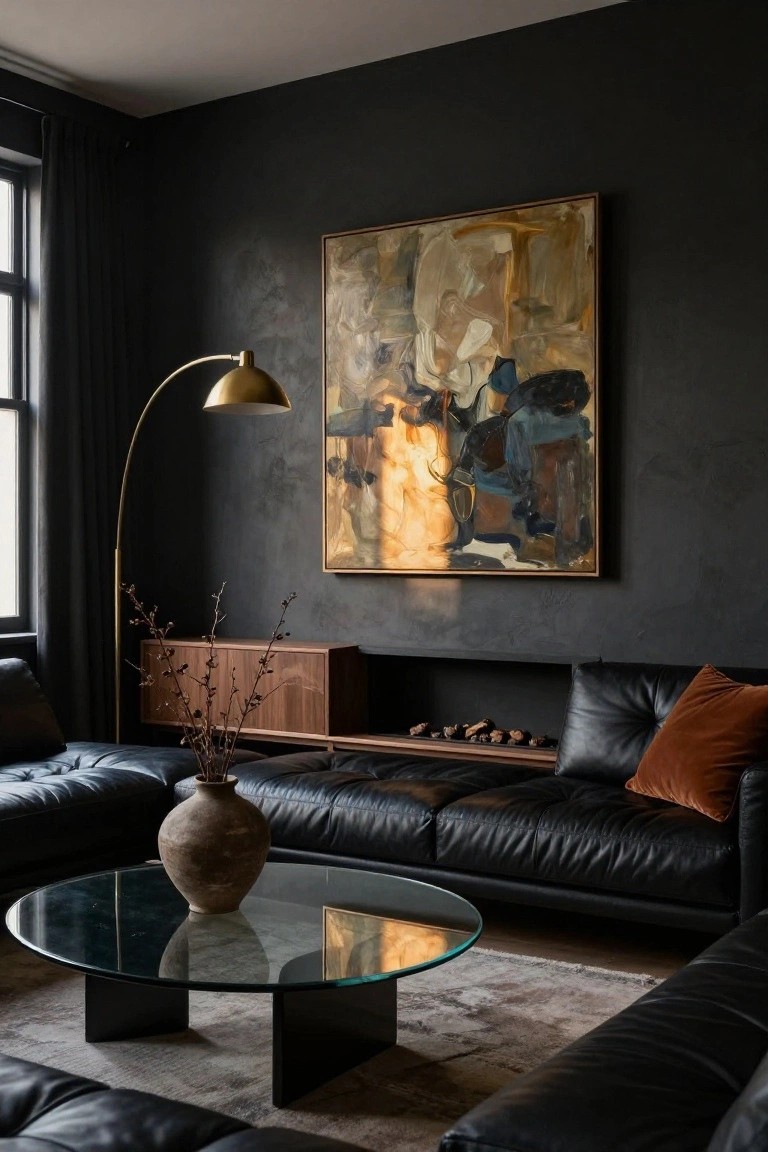 Modern living room with dark textured walls, black leather L-shaped sofa, round glass coffee table holding a terracotta vase, walnut media cabinet with fireplace niche and branches, large abstract painting, and brass arc floor lamp.
