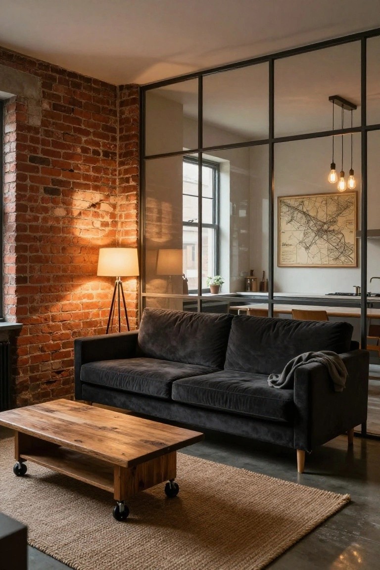 Modern apartment living room with exposed red brick walls on one side, black metal-framed glass partition separating kitchen area, dark velvet sofa, wooden coffee table on wheels, floor lamp, and neutral rug on concrete floor.