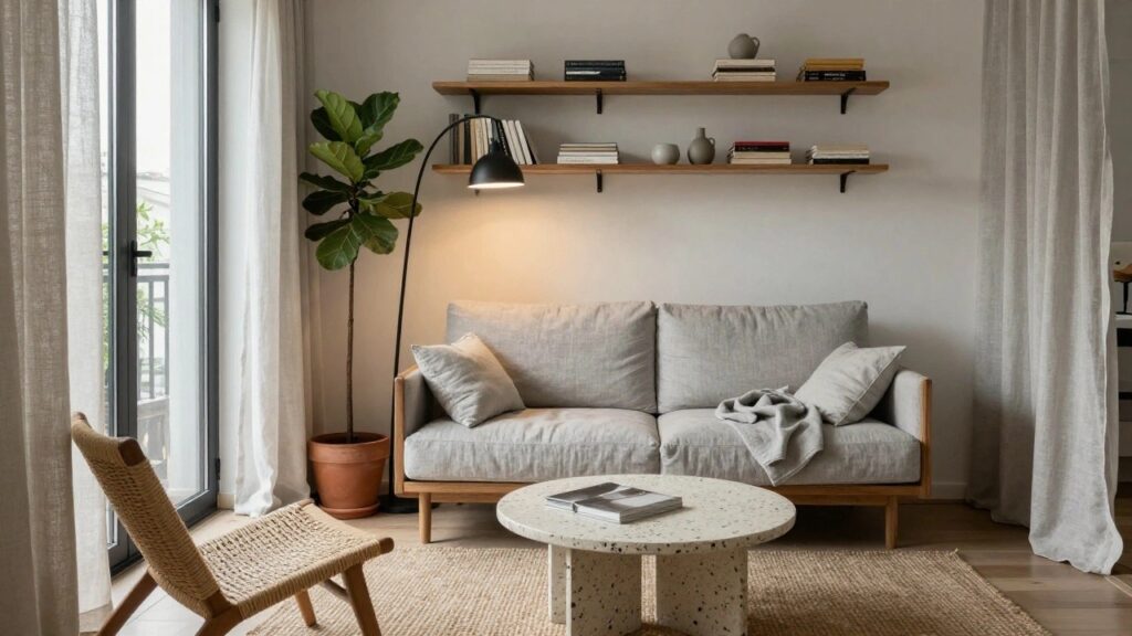 Apartment living room corner featuring a gray linen sofa, wooden floating shelves with ceramics, books, and vases, a tall fiddle leaf fig plant in a terracotta pot, black arc floor lamp, round terrazzo coffee table, and woven rattan chair on light wood floors by large windows with sheer curtains.