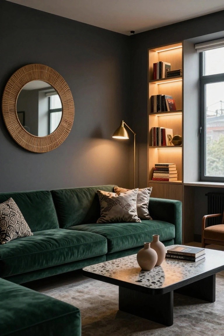 Modern apartment living room featuring dark gray walls, an L-shaped emerald green velvet sofa, built-in wooden bookshelves with LED backlighting, a large rattan mirror, brass floor lamp, terrazzo coffee table with books, and a large window.