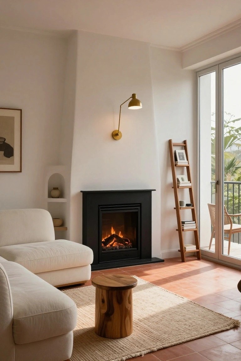 Modern living room corner with black fireplace burning gas flames, cream L-shaped sofa, wooden leaning ladder shelf with books and frames, arched white wall niche holding ceramic pots, gold swing-arm lamp, wood stool on terracotta tile floor, and open balcony doors showing greenery.