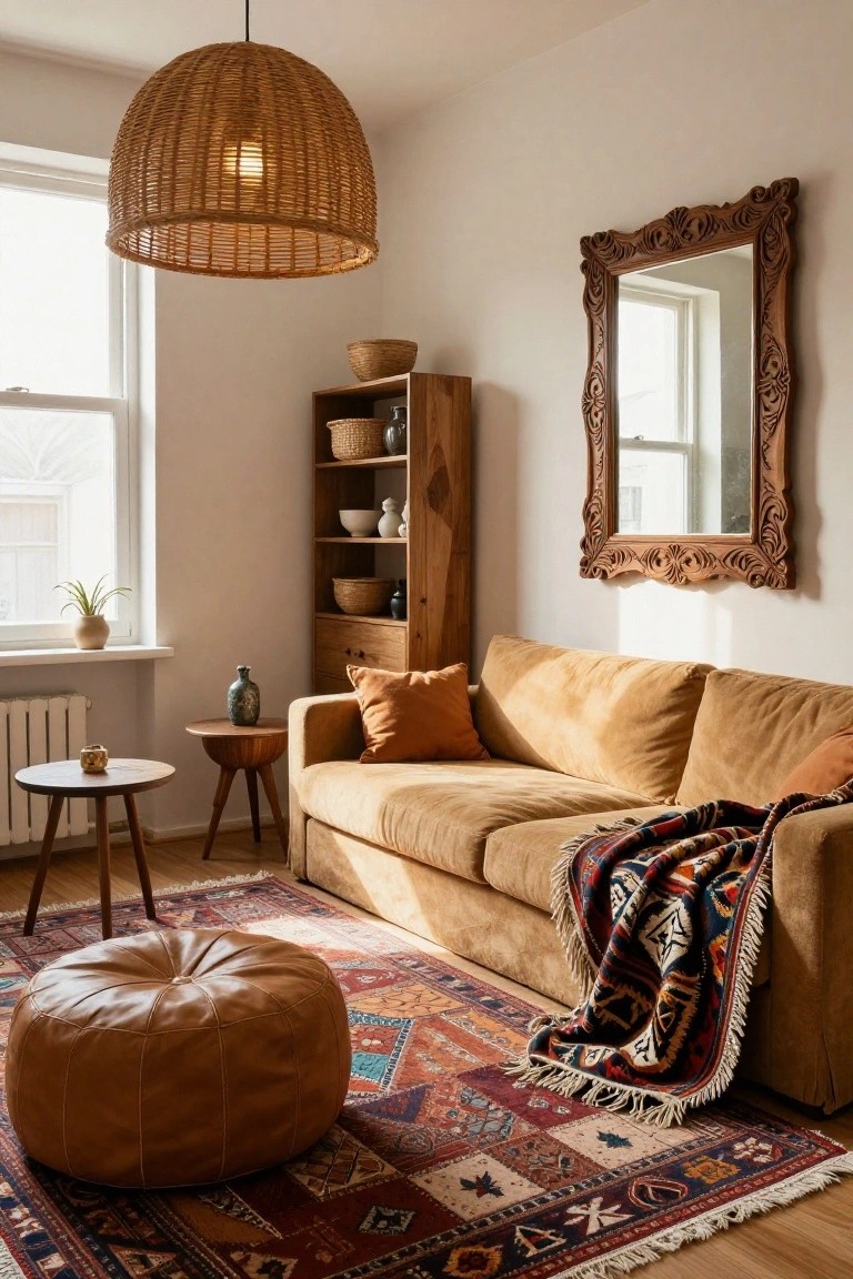 Cozy living room featuring a brown sofa, woven lamp, ornate mirror, and colorful rug.