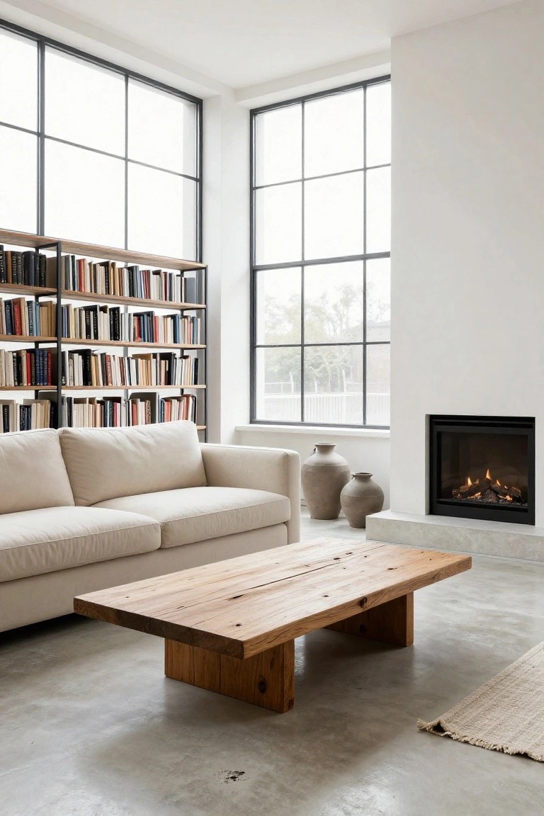 Bright living room featuring a white sofa, wooden coffee table, bookshelves, and a fireplace.