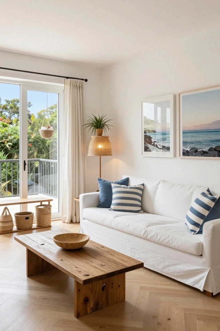 Bright apartment living room with white slipcovered sofa, blue and white striped pillows, wooden coffee table with woven bowl, rattan floor lamp, potted plants, and large glass doors to balcony with tropical views.