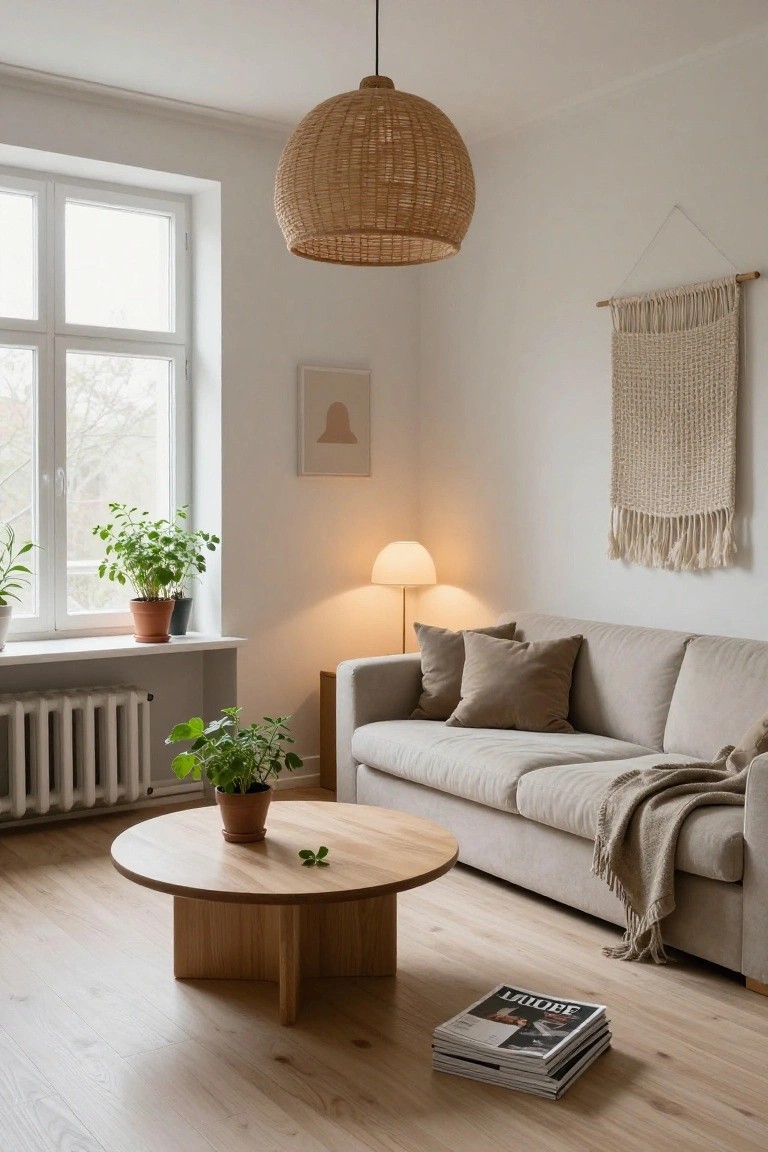 Modern apartment living room with white walls, beige sofa with pillows and throw, round wooden coffee table, potted plants on windowsill and near radiator, rattan pendant lamp, macrame wall hanging, floor lamp, and stacked magazines on light wood floor.