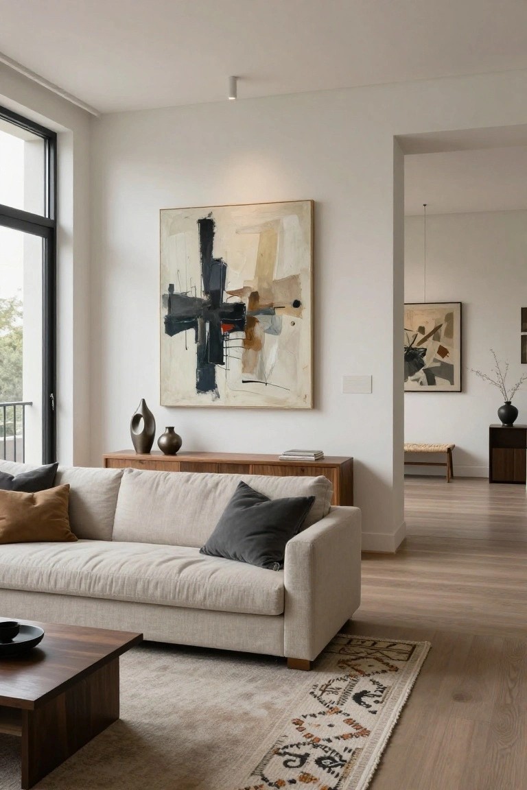 Modern apartment living room with large abstract painting on white wall next to beige linen sofa on wooden credenza, wood coffee table, neutral rug, and floor-to-ceiling windows.