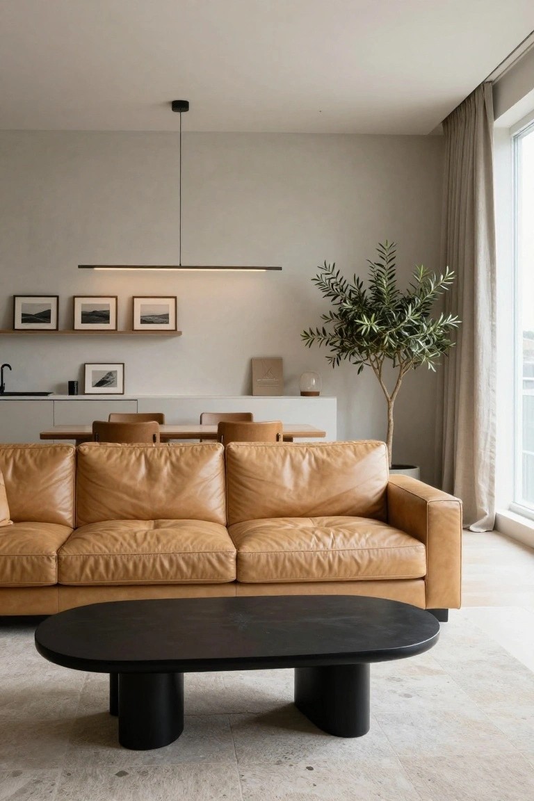 Modern apartment living room with tan leather L-shaped sofa, black oval coffee table with cylindrical legs on a light rug, potted olive tree by large window with beige curtains, neutral walls, wooden shelves with art, and adjacent white kitchen and dining area.