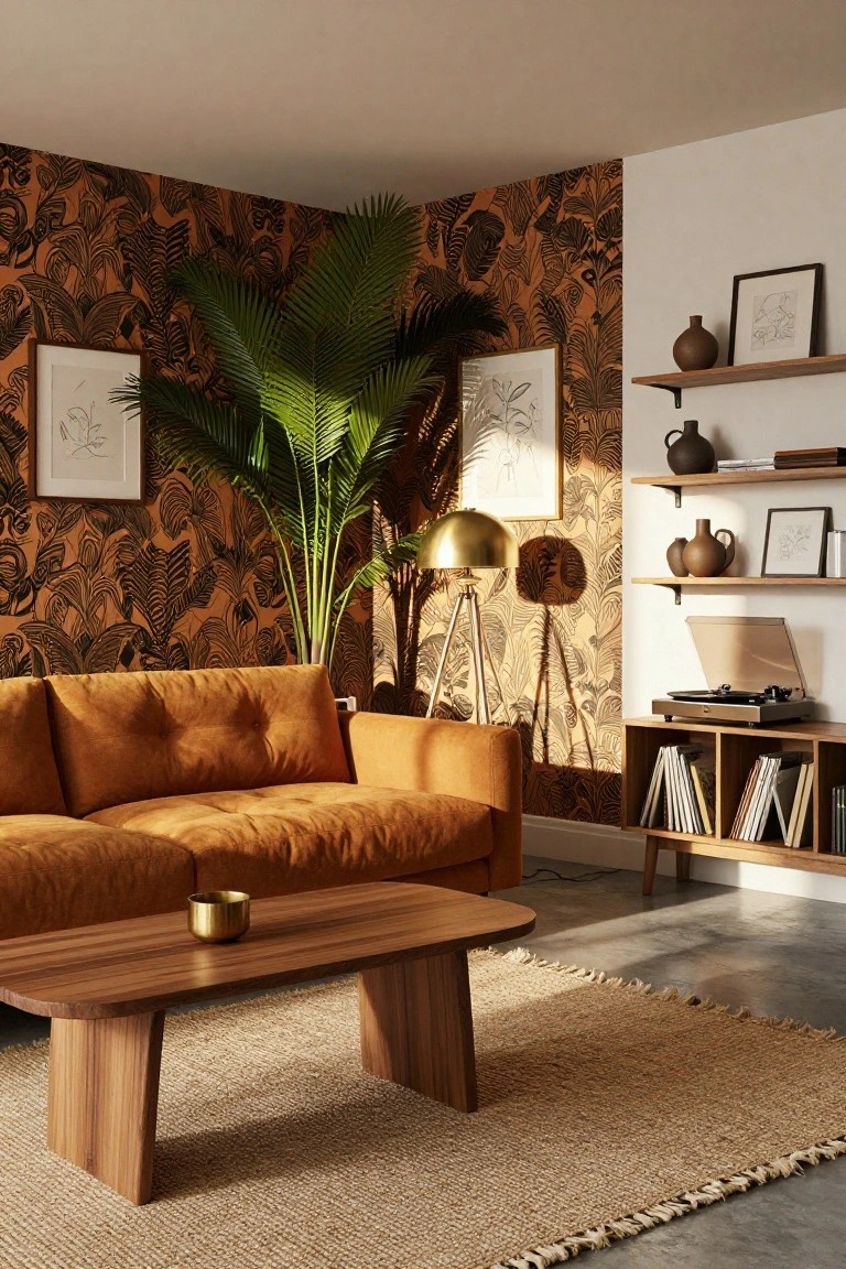Corner of a modern living room with burnt orange fabric sofa, tropical leaf-patterned wallpaper in orange and brown tones, large potted palm plant, low wooden coffee table with brass bowl, wooden floating shelves holding ceramics books and art frames, brass tripod floor lamp, and wood record player stand.