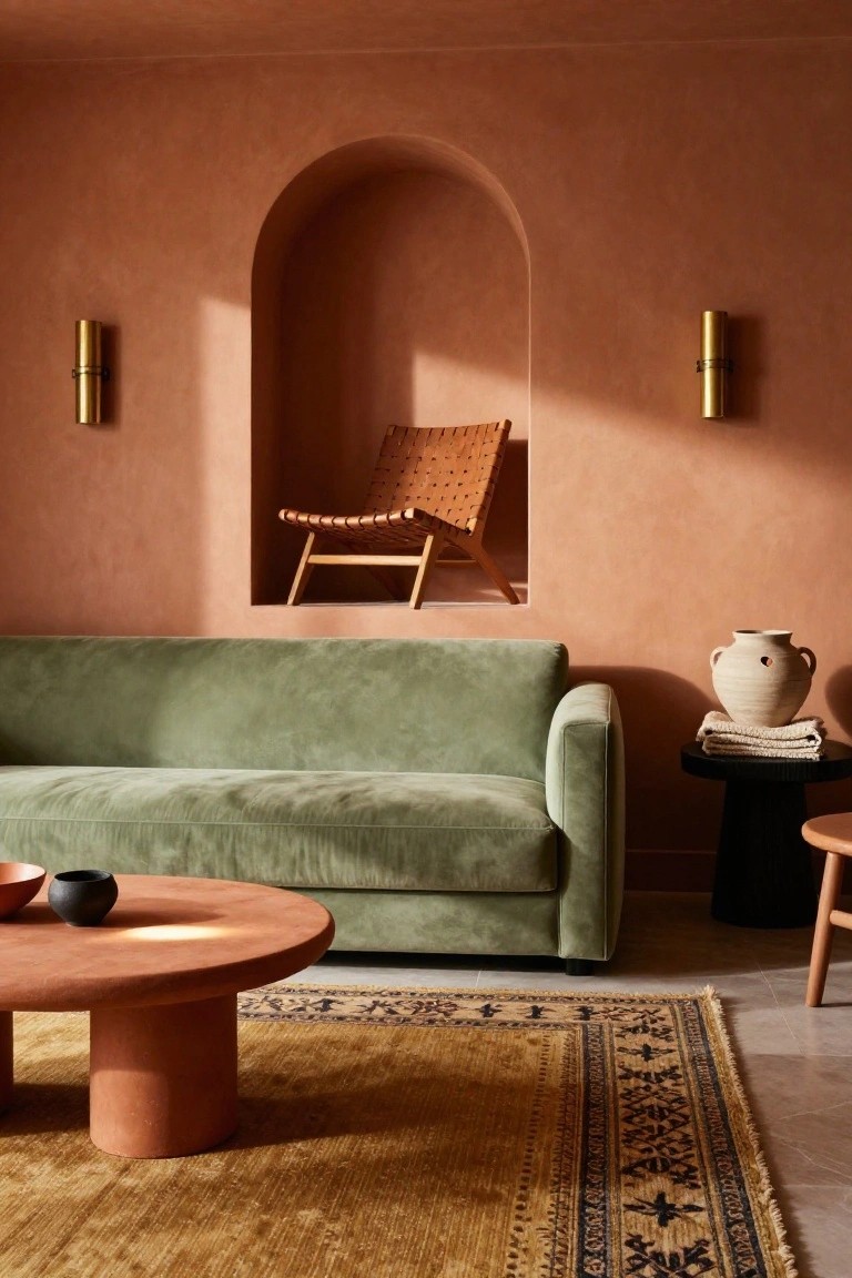 Living room with terracotta textured walls, arched niche displaying a tan woven chair between gold wall sconces, green velvet sofa, terracotta coffee table with black bowl, black side table holding a white vase and linens beside a wood stool, patterned rug on tiled floor.