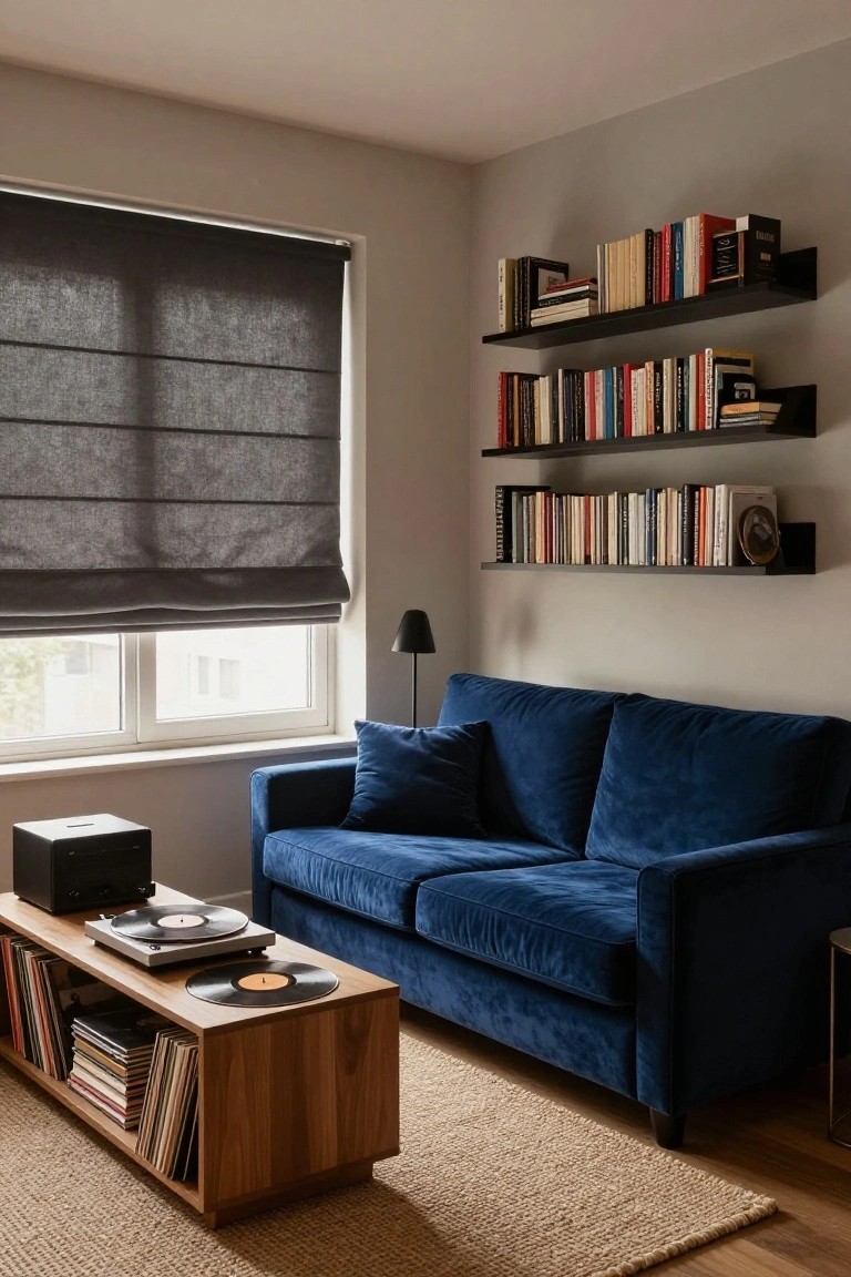 Modern apartment living room with navy blue velvet sofa, wooden coffee table holding two turntables and stacked vinyl records in open shelves, floating black bookshelves on light gray walls, black floor lamp, and window covered by gray roller blind.